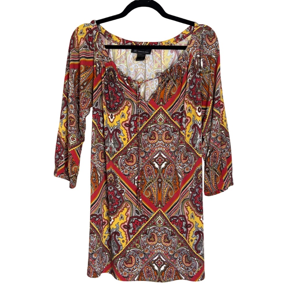 INC International Concepts Womens M 3/4 Sleeve Paisley Print Shirt‎ Dress Boho